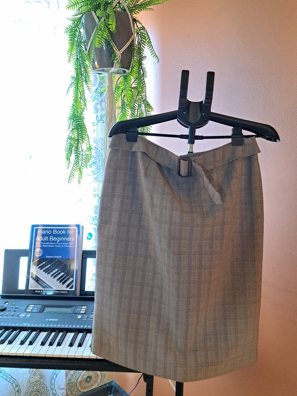Taupe Plaid Pencil Skirt with Buckle Detail